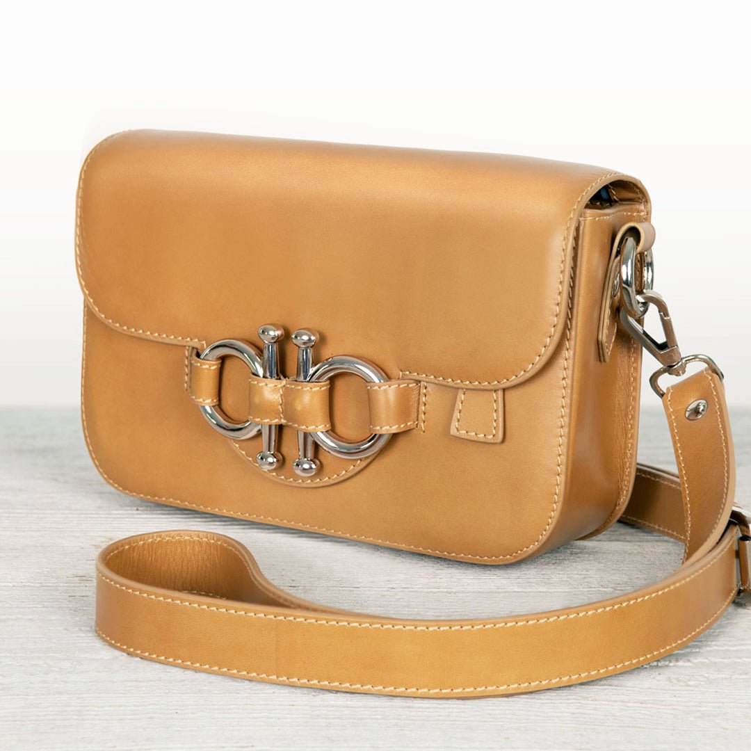 Lana English Stirrup Crossbody Bag in Caramel Italian Leather with Nickel Hardware Equestrian Handbag